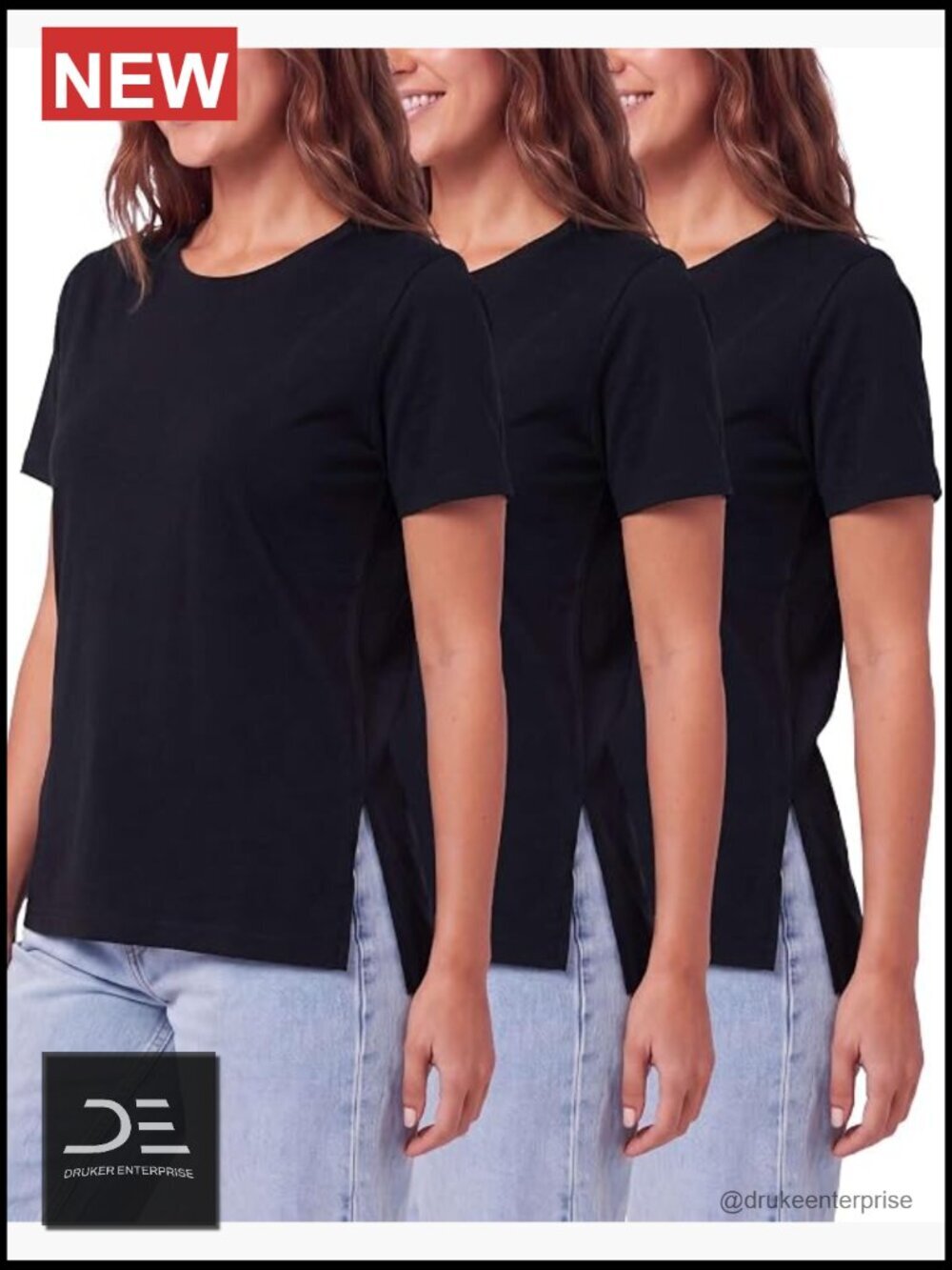 3 Pack Cotton Blend Split Hem T Shirts Short Sleeve Crew Neck Side Slit